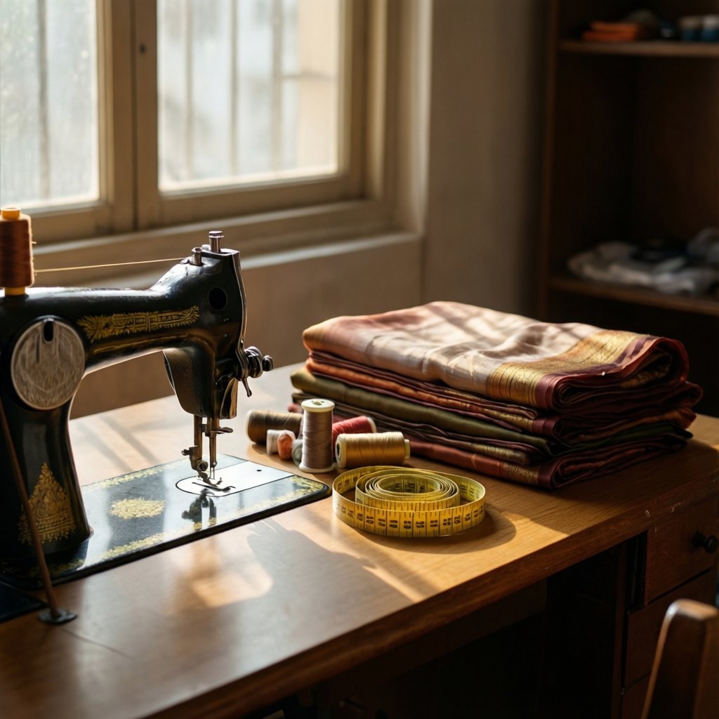 Home sewing studio with a machine, folded silk saris and thread spools