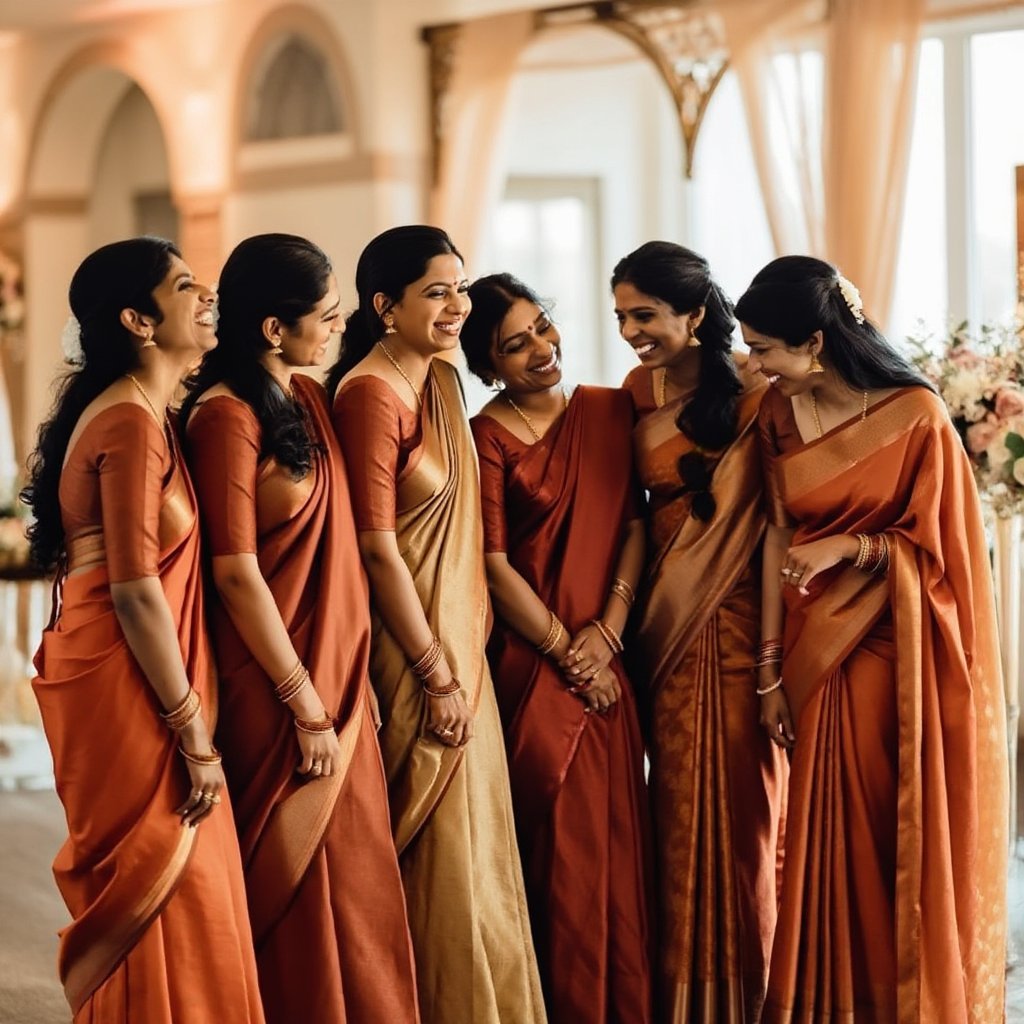 Wedding guests in matching-toned sarees, draped and ready